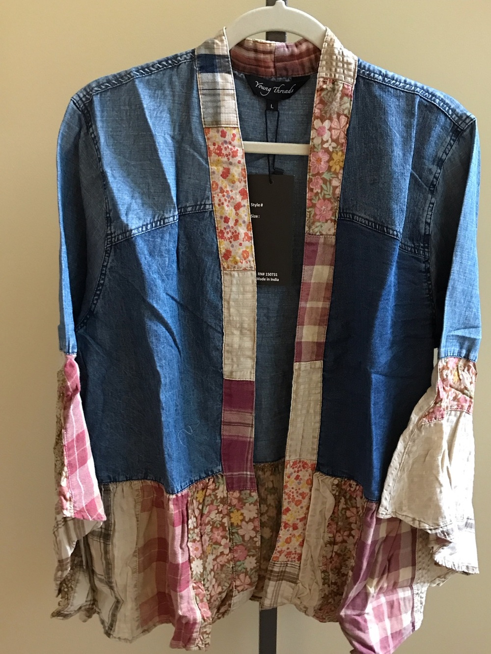YOUNG THREADS NWT Kimono Denim Plaid Floral Size large